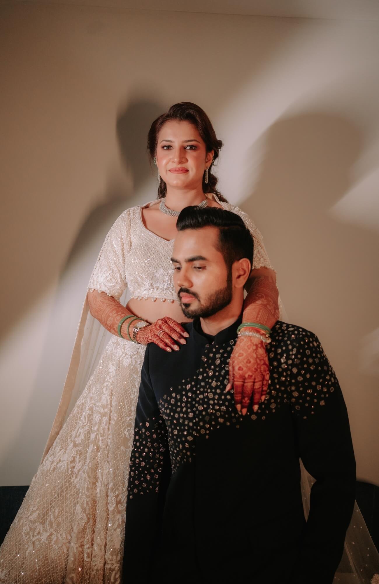 Elegant portrait of the bride and groom captured in cinematic style, showcasing Mohey Rang Films’ professional wedding photographer