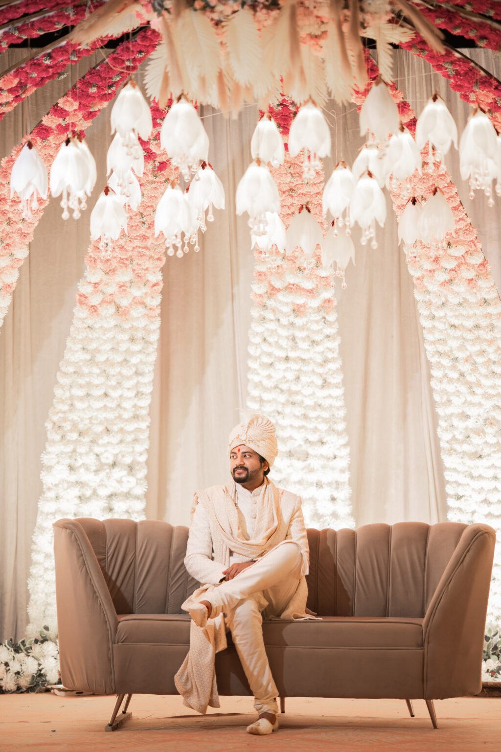 Groom dressed in traditional wedding attire, captured by Mohey Rang Films in beautiful wedding photographs.